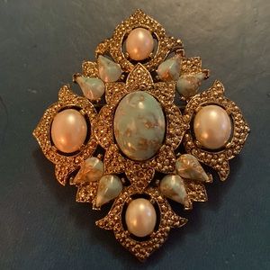 Sara Coventry large Brooch / Pendent 3 in Triangle blue & Faux Pearl cabochons